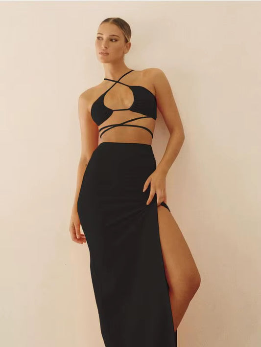 Bandage Cut Out Sexy Halter Neck Top and Skirts Set Gathered Elegant Club 2022 Summer Outfits Split Two Piece Set